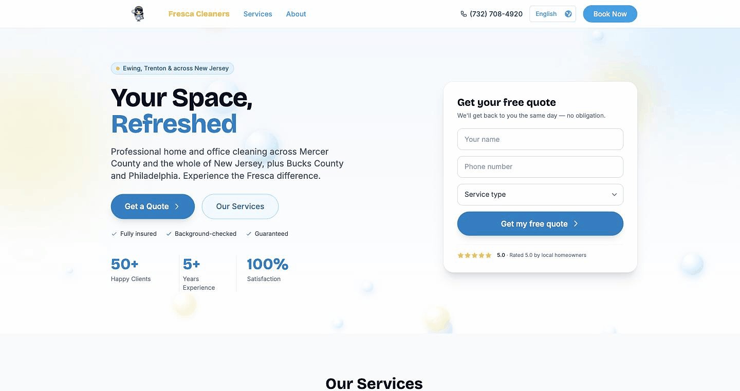 The Fresca Cleaners homepage, with a quote form in the hero