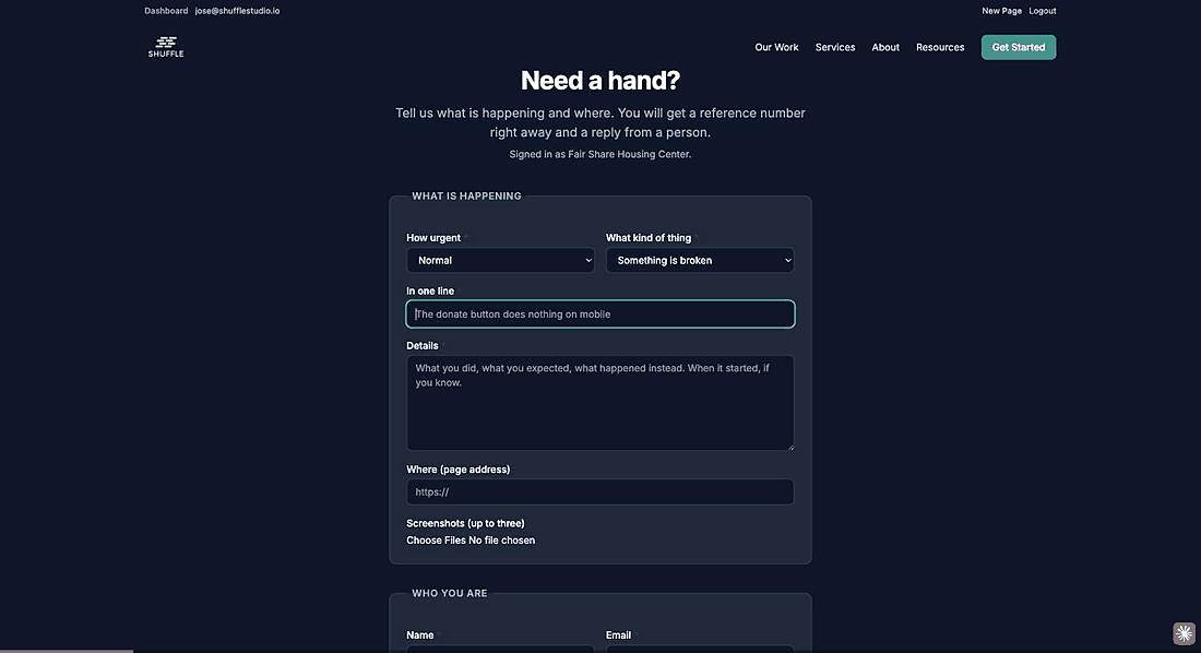 A client submitting a support request and getting a reference number