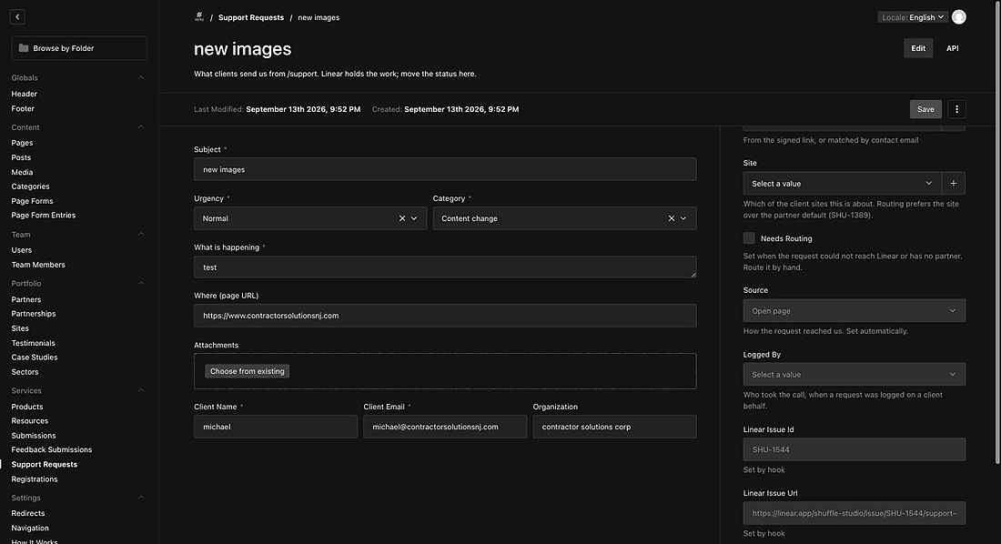 The request arriving as a tracked issue with the client and site attached
